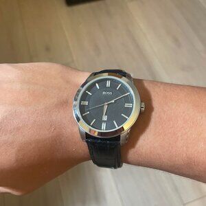 BOSS Leather-strap watch with black patterned dial